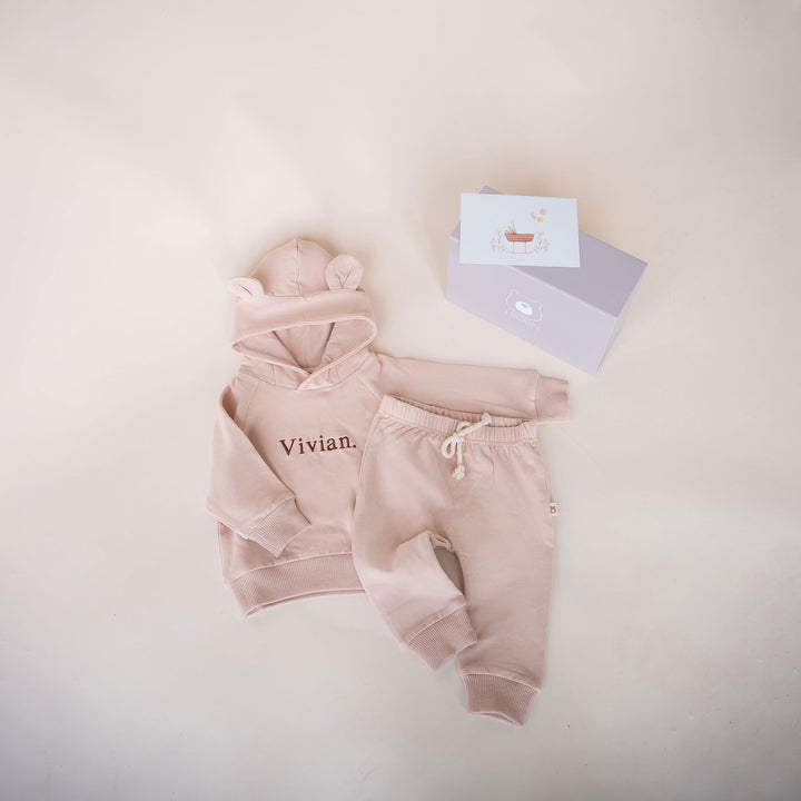 JBØRN Gift Set | Organic Cotton Baby Hoodie & Joggers Set Pink Cream - Personalisable Baby Products Sold and Personalised by JustBørn