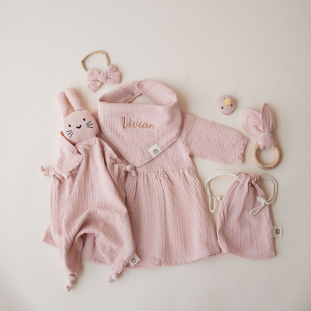 JBØRN Organic Muslin Baby Girl Dress & Accessories Gift Set Blush - Personalisable Baby Products Sold and Personalised by JustBørn