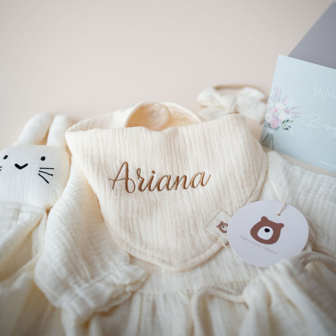 JBØRN Organic Muslin Baby Girl Dress & Accessories Gift Set - Personalisable Baby Products Sold and Personalised by JustBørn