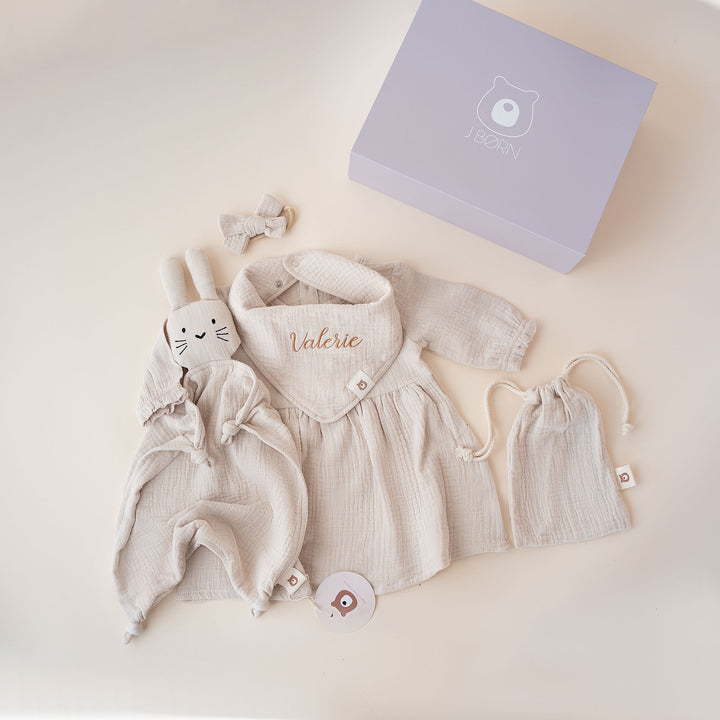 JBØRN Organic Muslin Baby Girl Dress & Accessories Gift Set Vanilla - Personalisable Baby Products Sold and Personalised by JustBørn