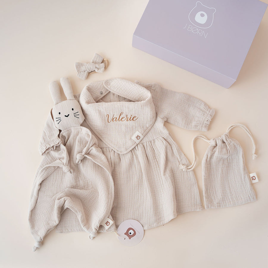 JBØRN Organic Muslin Baby Girl Dress & Accessories Gift Set Vanilla - Personalisable Baby Products Sold and Personalised by JustBørn