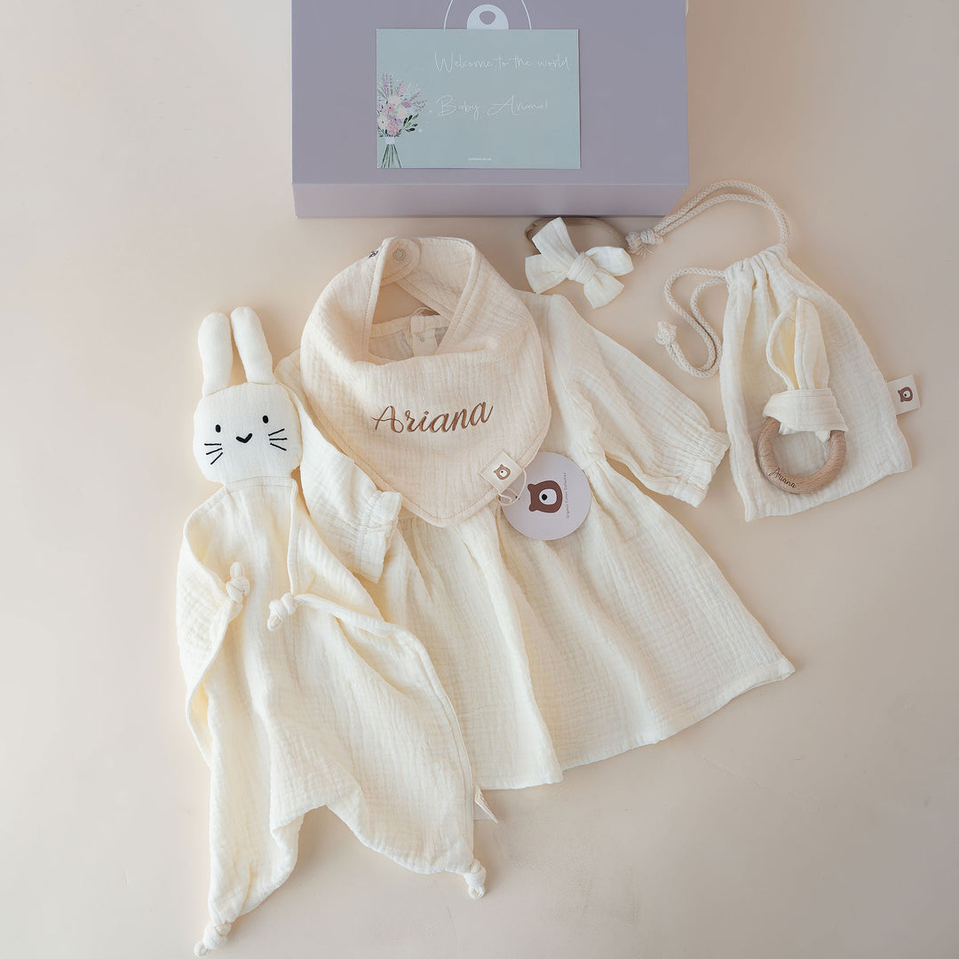 JBØRN Organic Muslin Baby Girl Dress & Accessories Gift Set Ivory - Personalisable Baby Products Sold and Personalised by JustBørn