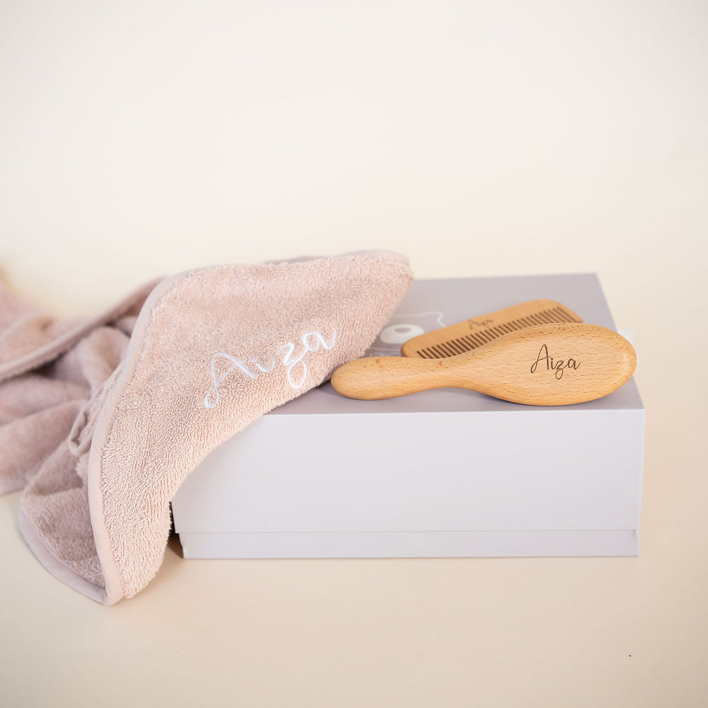 JBØRN Baby Gift Set | Organic Cotton Towel & Hair Brush Set Blush - Personalisable Baby Products Sold and Personalised by JustBørn