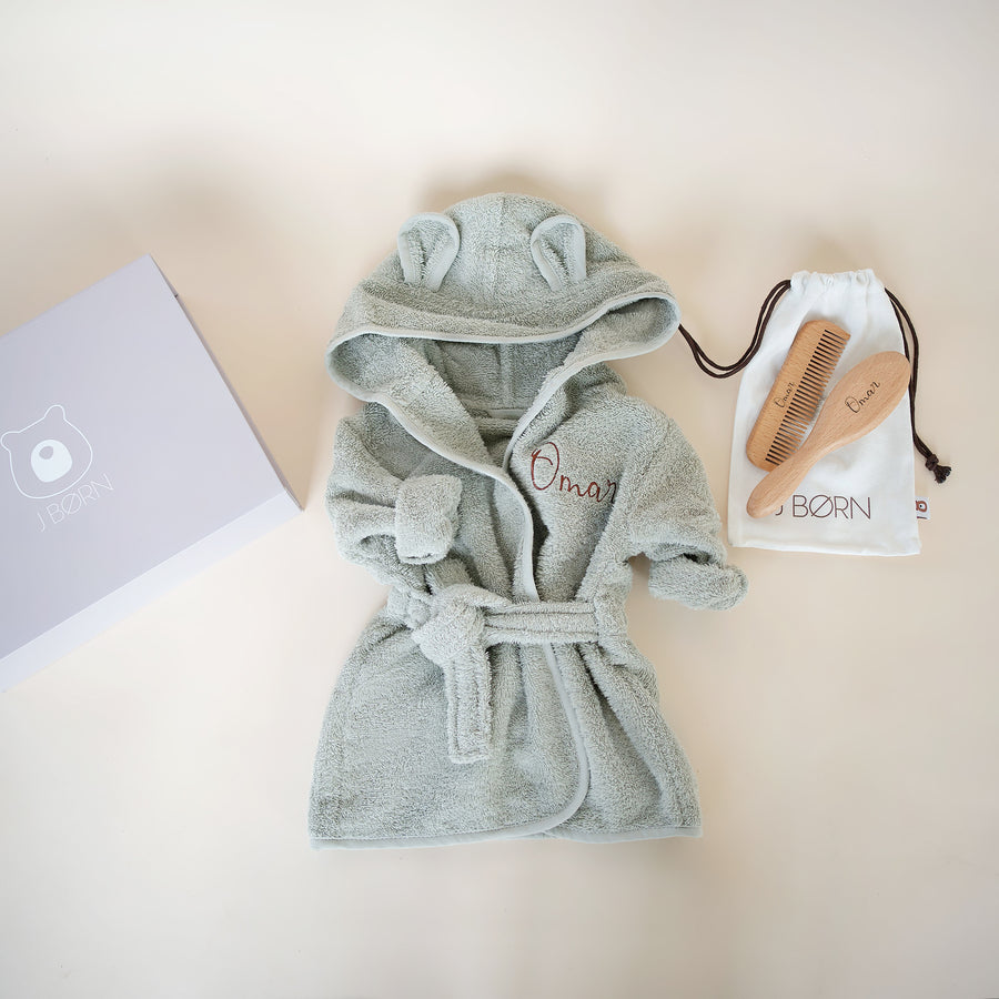 JBØRN Baby Gift Set | Organic Cotton Bath Robe & Hair Brush Set Sage Yes - Personalisable Baby Products Sold and Personalised by JustBørn