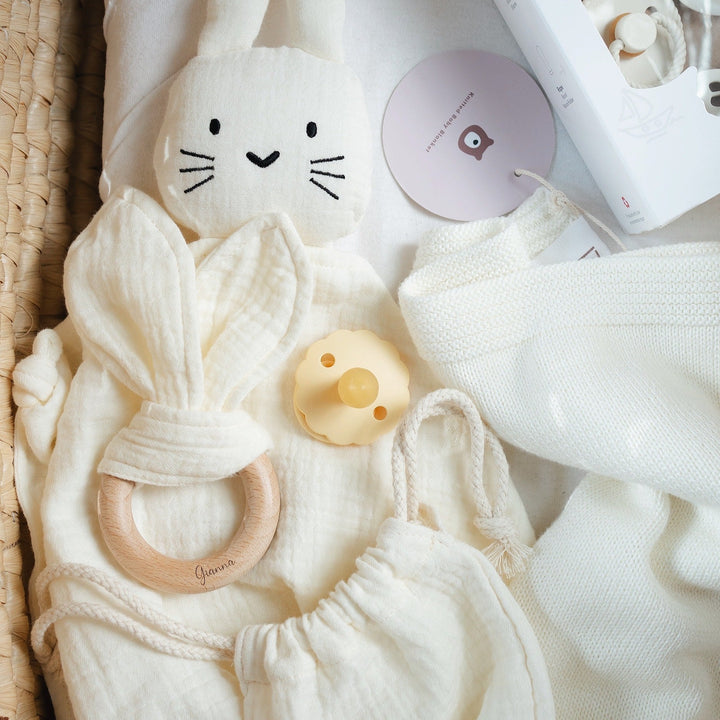 JBØRN Organic Cotton Bunny Comforter & Teether Set Ivory Muslin - Personalisable Baby Products Sold and Personalised by JustBørn