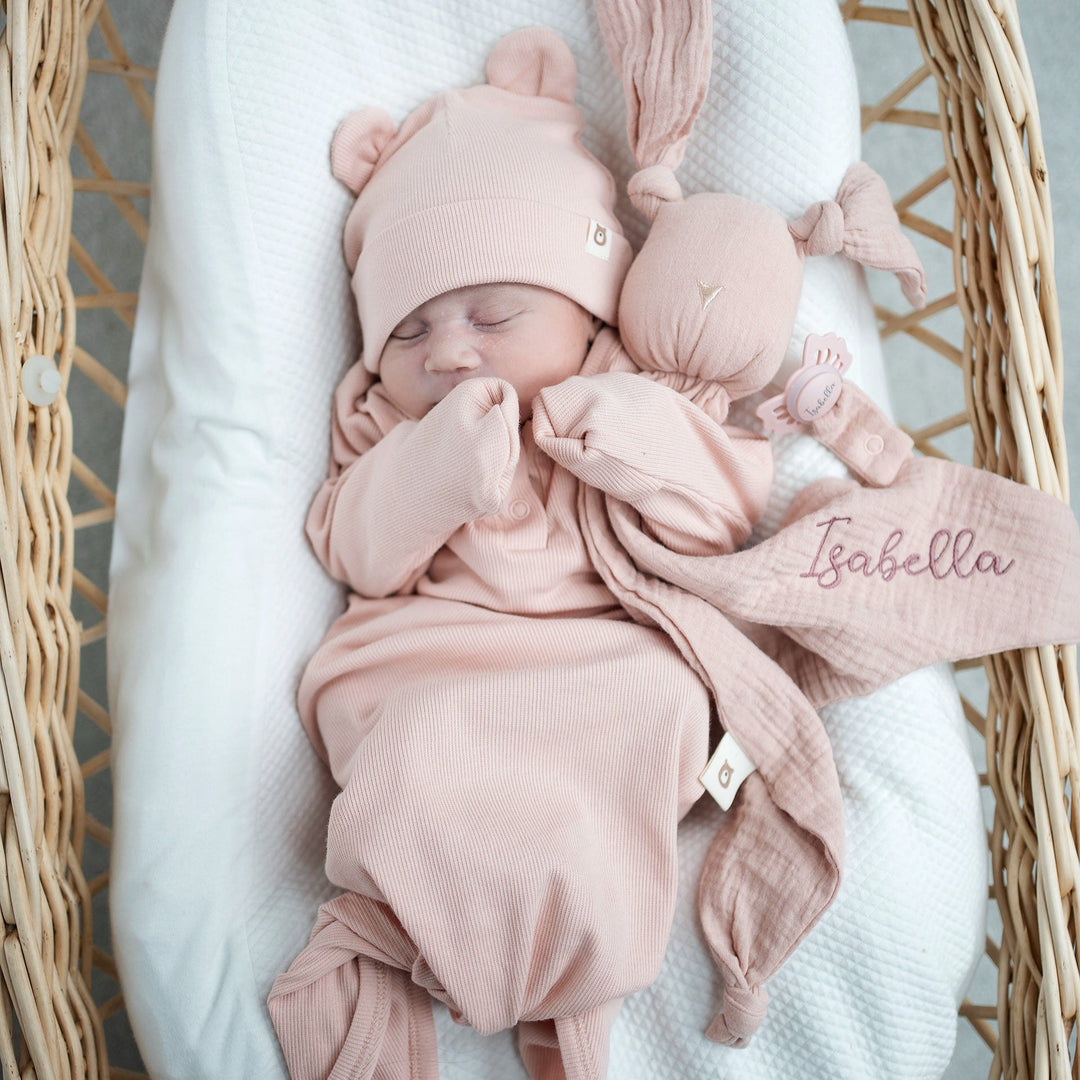 JBØRN Organic Cotton Knotted Baby Gown & Hat Blush - Personalisable Baby Products Sold and Personalised by JustBørn