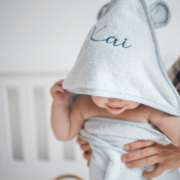 JBØRN Organic Cotton Baby Hooded Towel with Ears Baby Blue - Personalisable Baby Products Sold and Personalised by JustBørn