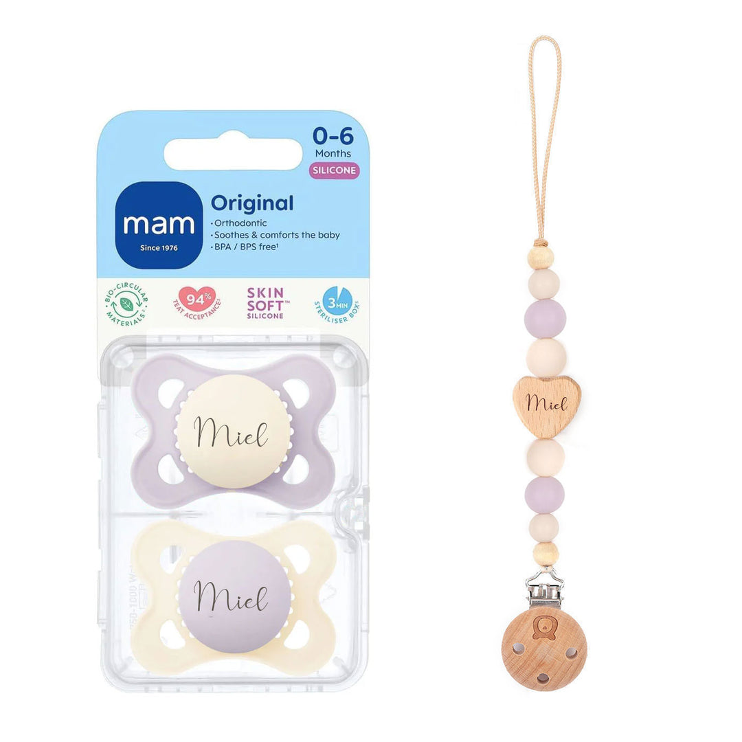 MAM Original Soother 0+/ 2-6 Months & Matching Pacifier Clip Original Cream & Lilac - Personalisable Baby Products Sold and Personalised by JustBørn