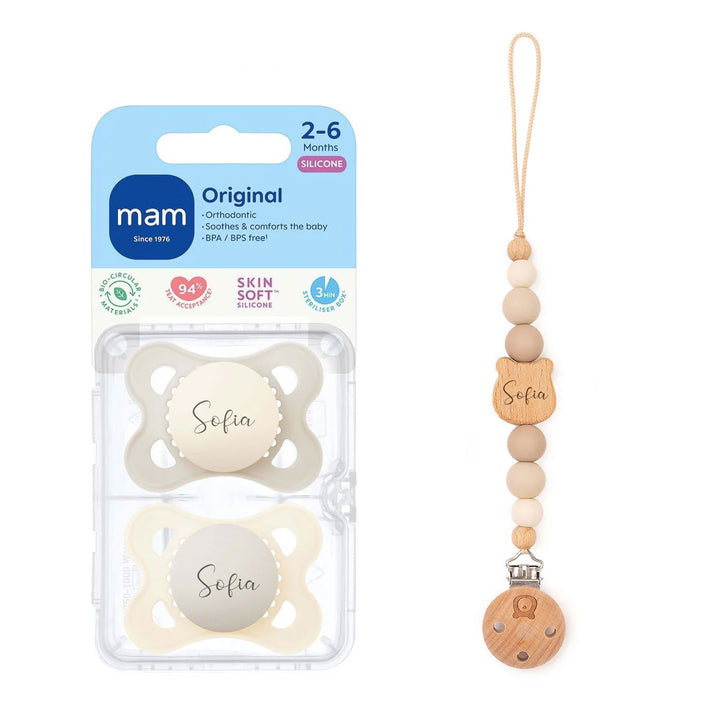 MAM Original Soother 0+/ 2-6 Months & Matching Pacifier Clip Original Cream & Vanilla Yes - Personalisable Baby Products Sold and Personalised by JustBørn