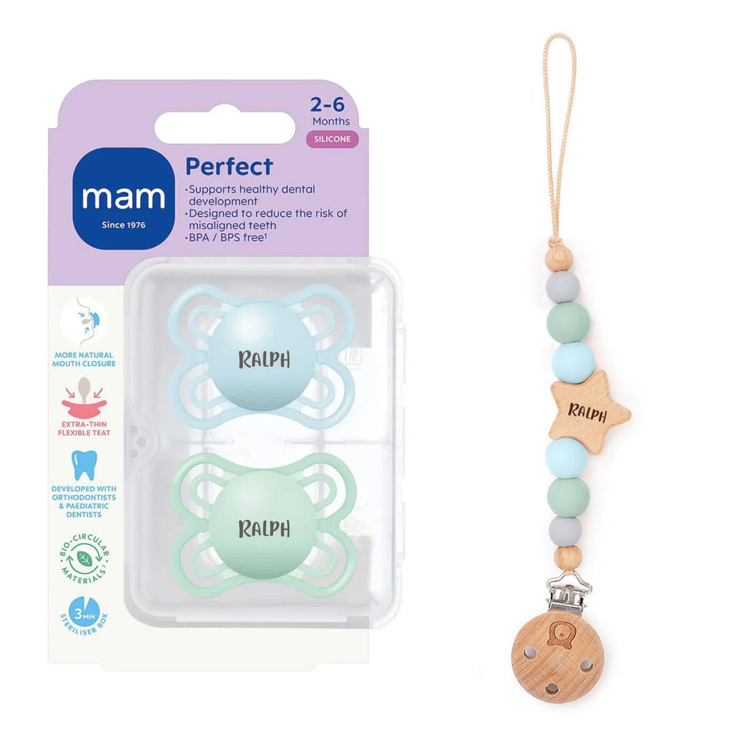 MAM Soother Perfect 0-6 Months & Matching Pacifier Clip Baby Blue & Seafoam - Personalisable Baby Products Sold and Personalised by JustBørn