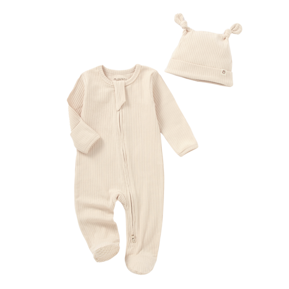 JBØRN Organic Cotton Ribbed Baby Sleep Suit and Hat - Personalisable Baby Products Sold and Personalised by JustBørn