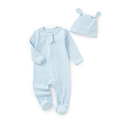 JBØRN Organic Cotton Ribbed Baby Sleep Suit and Hat Ribbed Baby Blue - Personalisable Baby Products Sold and Personalised by JustBørn