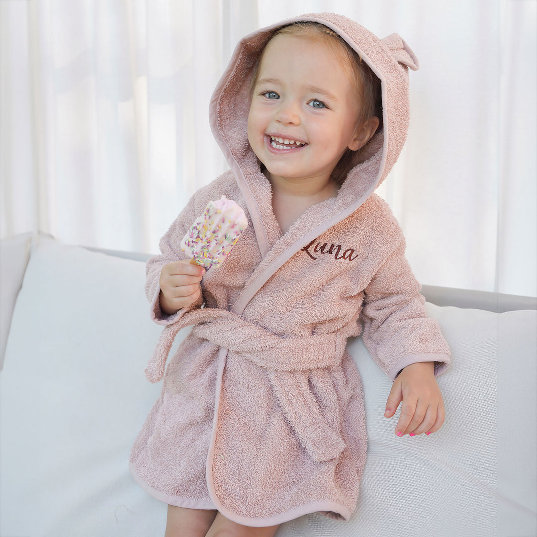 JBØRN Organic Cotton Baby Hooded Towelling Bath Robe 1-2 Years Blush - Personalisable Baby Products Sold and Personalised by JustBørn