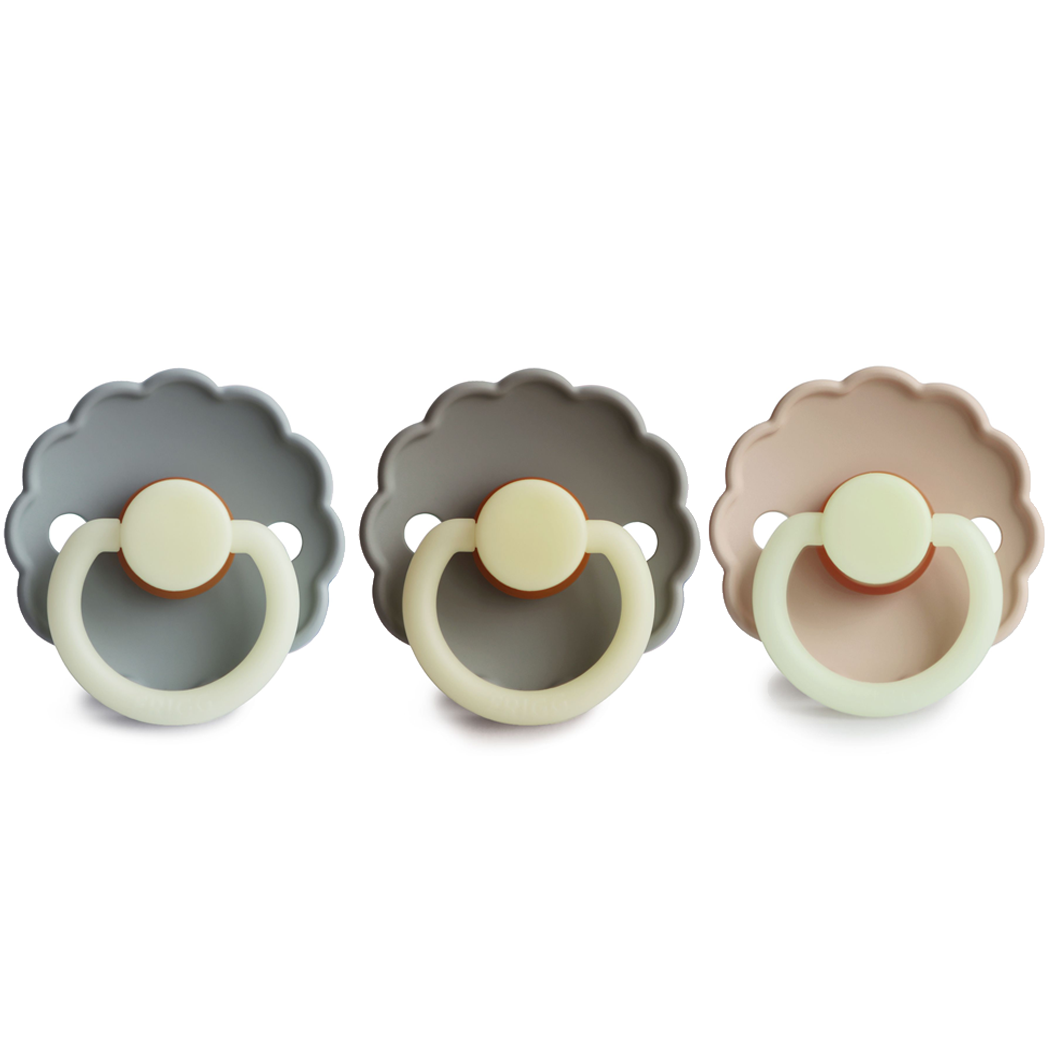 FRIGG Daisy Natural Rubber Latex Pacifier | Pack of 3 French Gray Portobello Croissant Night Glow - Personalisable Baby Products Sold and Personalised by JustBørn