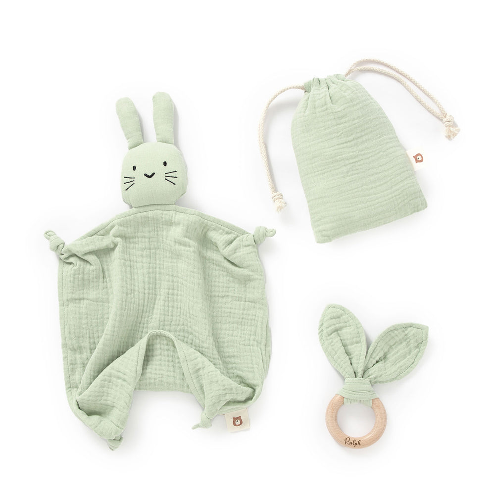 JBØRN Organic Cotton Bunny Comforter & Teether Set Pistachio Muslin - Personalisable Baby Products Sold and Personalised by JustBørn