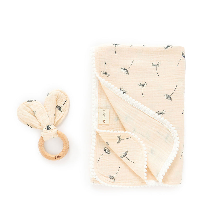 JBØRN Pop Pom Swaddle Organic Muslin Blanket & Teether Set - Personalisable Baby Products Sold and Personalised by JustBørn