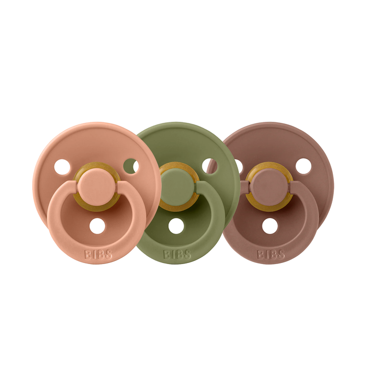 BIBS Colour Natural Rubber Latex Pacifiers (Size 1 & 2) | 3 Pack Peach Olive Woodchuck - Personalisable Baby Products Sold and Personalised by JustBørn