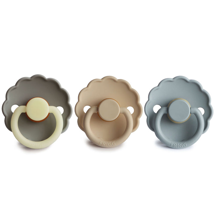 FRIGG Daisy Natural Rubber Latex Pacifier | Pack of 3 Size 2 (6-18 Months) Portobello Croissant French Gray - Personalisable Baby Products Sold and Personalised by JustBørn